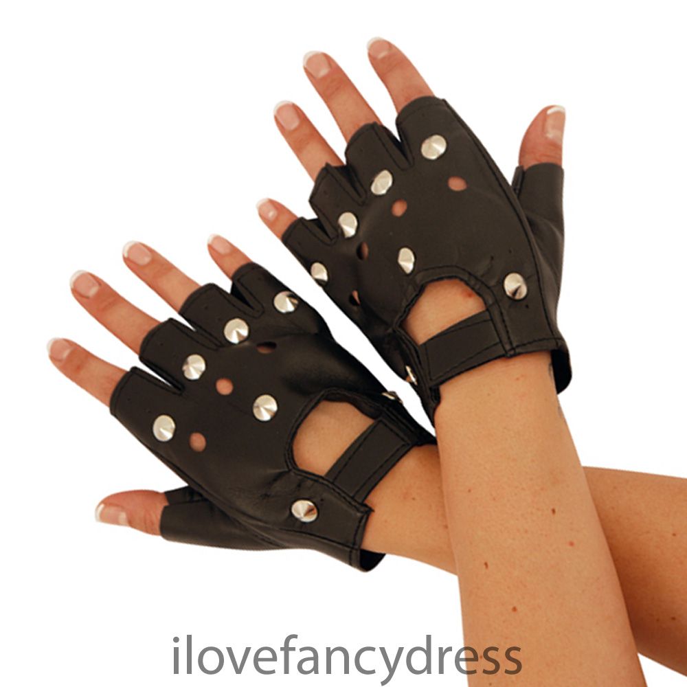TWIN THIGH GUNS AND HOLSTER STUDDED PUNK GLOVES FANCY DRESS COSTUME