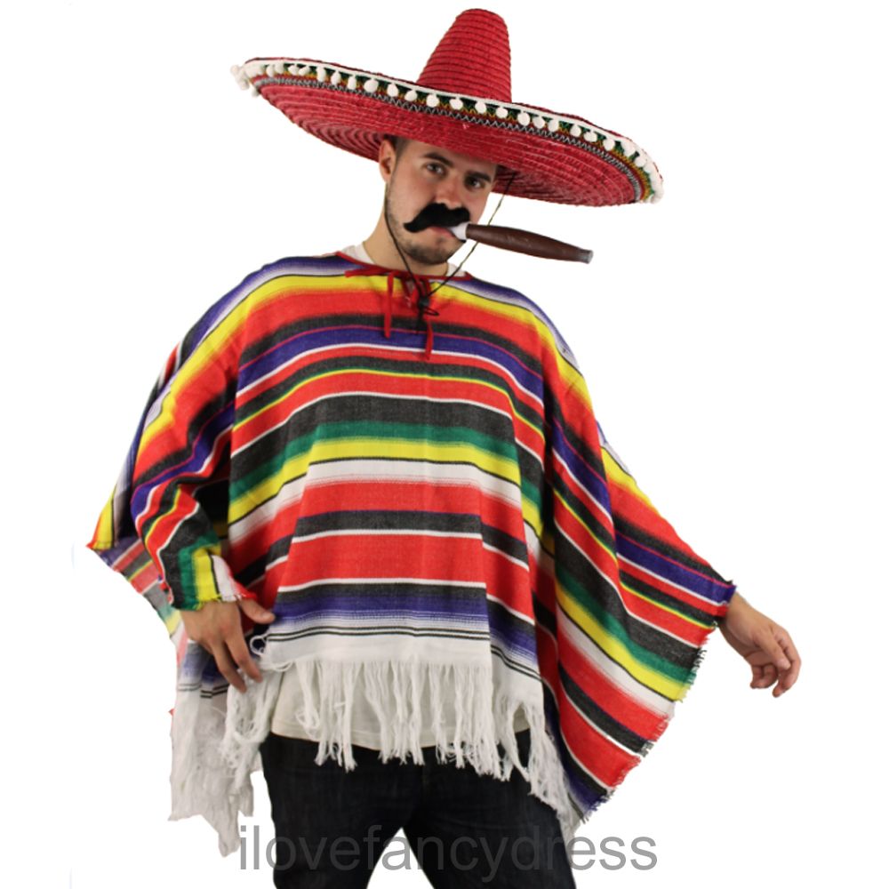 Mexican Man Costume Poncho Sombrero Tash Cigar Wild Western Bandit 