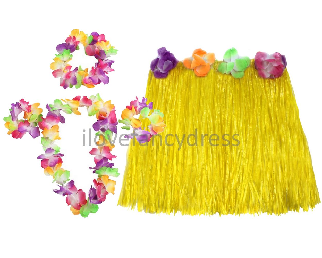SHORT 40CM HAWAIIAN HULA SKIRT AND 4 PC LEI SET LADIES LUAU FANCY DRESS ...