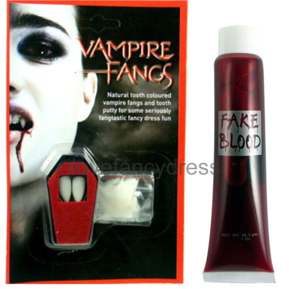 VAMPIRE FANGS PUTTY FAKE BLOOD WHITE FACE PAINT HALLOWEEN FANCY DRESS ...