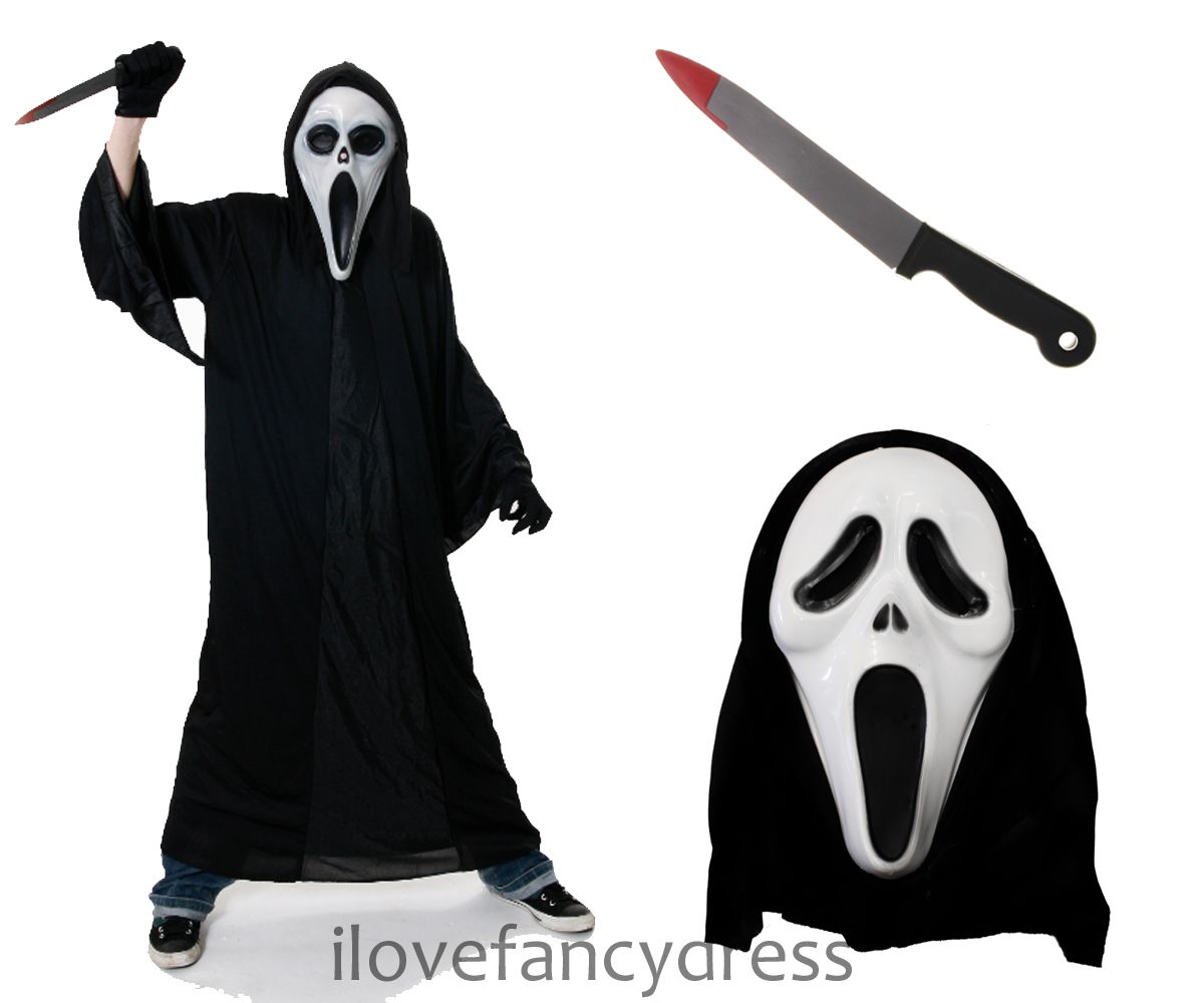 MENS SCREAMER COSTUME ROBE MASK AND BLOODY SCREAM KNIFE HALLOWEEN FANCY ...