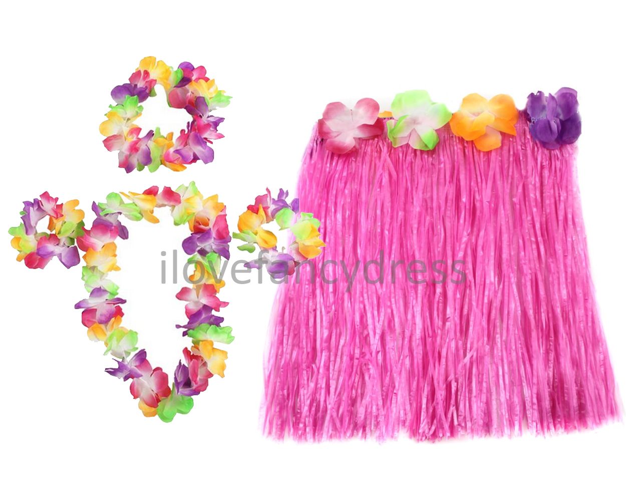 SHORT 40CM HAWAIIAN HULA SKIRT AND 4 PC LEI SET LADIES LUAU FANCY DRESS ...