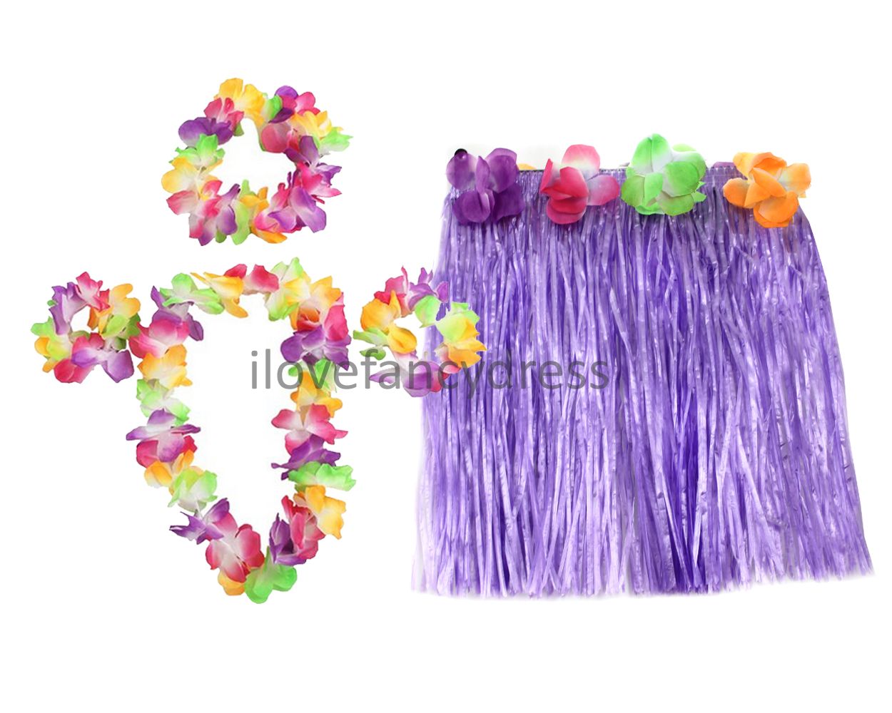 SHORT 40CM HAWAIIAN HULA SKIRT AND 4 PC LEI SET LADIES LUAU FANCY DRESS ...