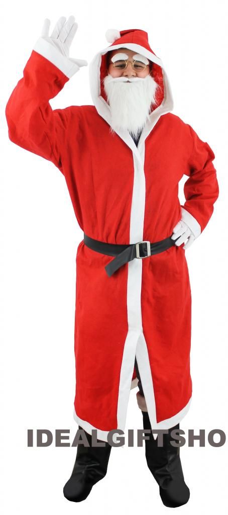 SANTA HOODED COAT MENS FATHER CHRISTMAS ROBE FANCY DRESS XMAS COSTUME ...